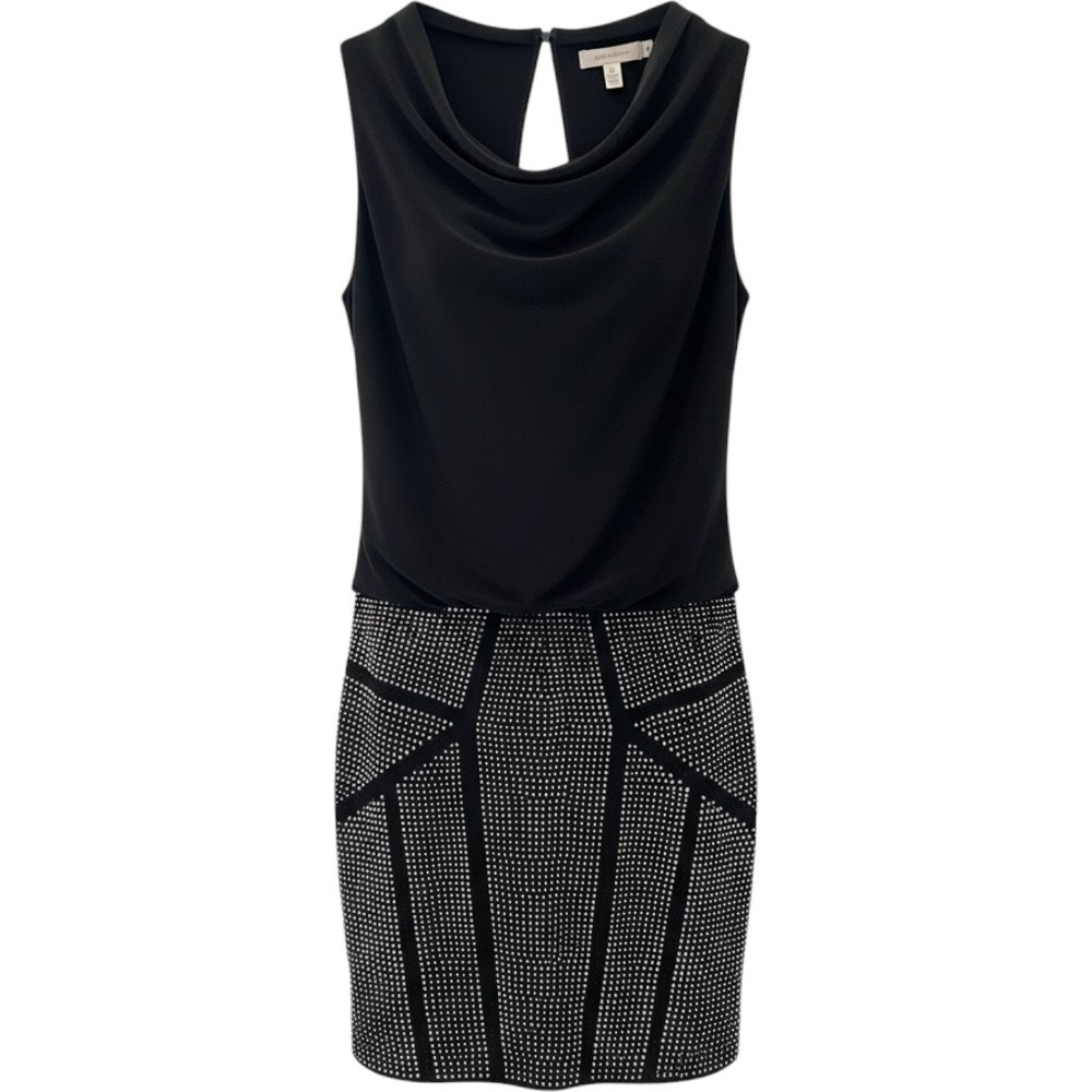 Vintage Cache Sleeveless Embellished Dress 8 Black Silver Rhinestone Cowl Neck